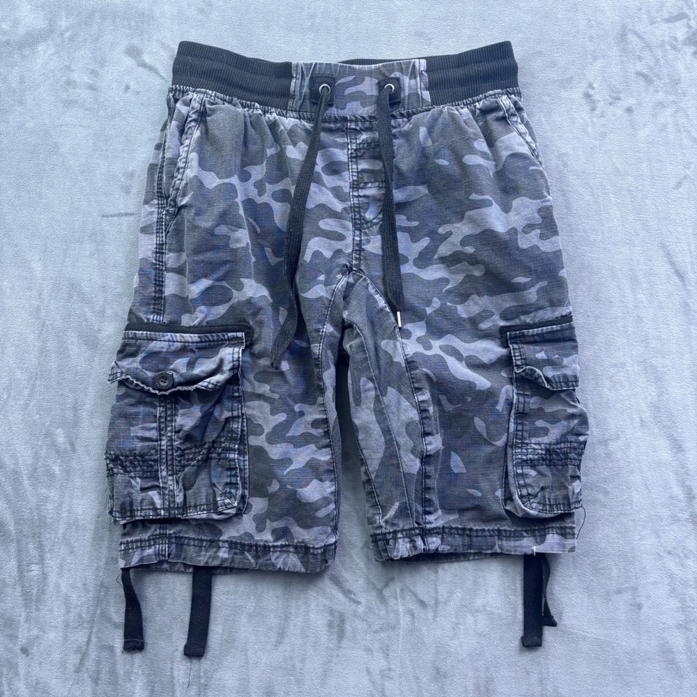 Southpole Mens Gray Blue Camo Cargo Shorts Elastic Waist Cotton Ripstop Small